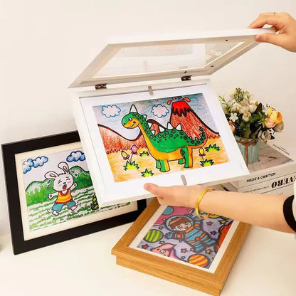 Magnetic Wooden Flip Art Photo Frame - A4 DIY Photo Display and Children's Storage Solution for Home Decoration