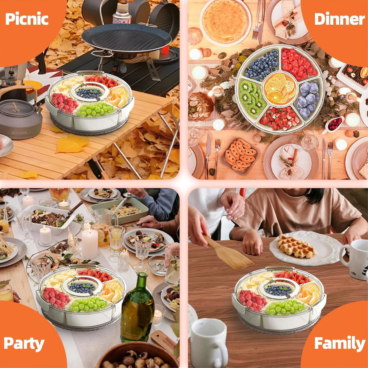 Divided Serving Tray with Lid and Handle, Stackable Snackle Box Container for Fruits Candy Organizer, Portable Spinning Rounded Veggie Tray for Kitchen, Party, Trave and Picnic-1 PACK