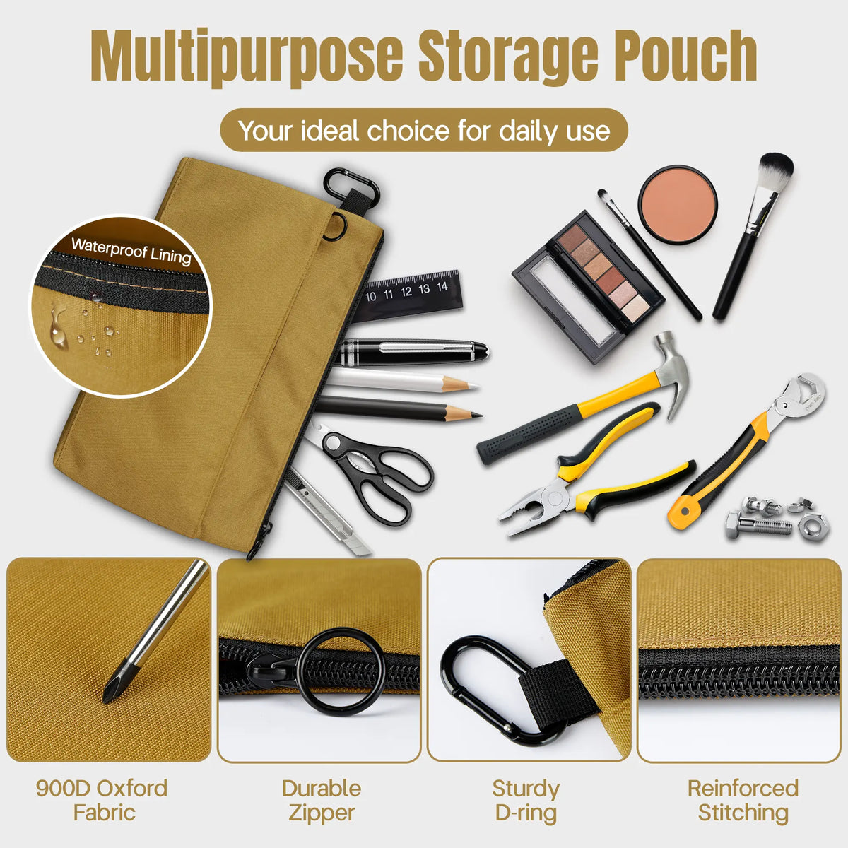 4 Pack Small Tool Pouch Bag Durable Water-Resistant Portable Organizer with Zipper Pocket & Ring Clip for Electrician Carpenter Home Repair DIY Tools & Accessories