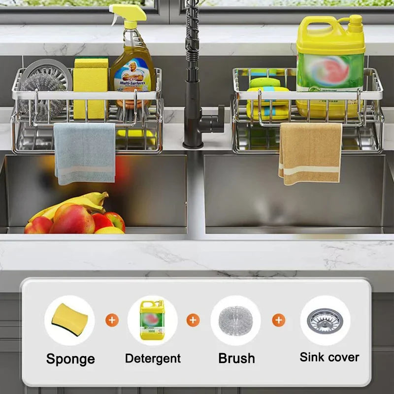Sink Cleaning Tools Storage Rack Kitchen Multifunctional Stainless Steel Drain Rack for Sponge Cleanser Organizer Rag Hanger