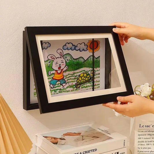 Magnetic Wooden Flip Art Photo Frame - A4 DIY Photo Display and Children's Storage Solution for Home Decoration