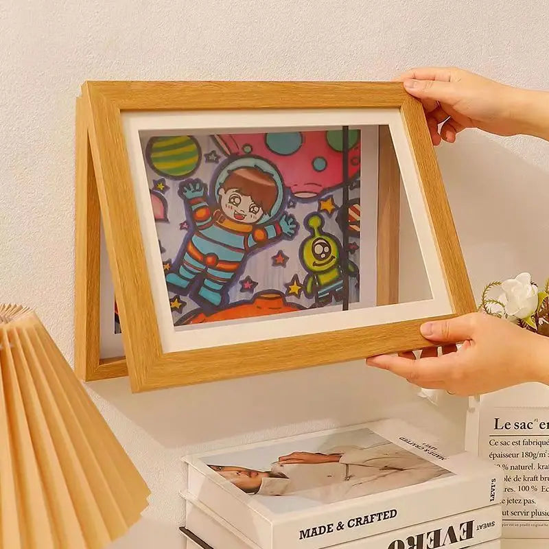 Magnetic Wooden Flip Art Photo Frame - A4 DIY Photo Display and Children's Storage Solution for Home Decoration